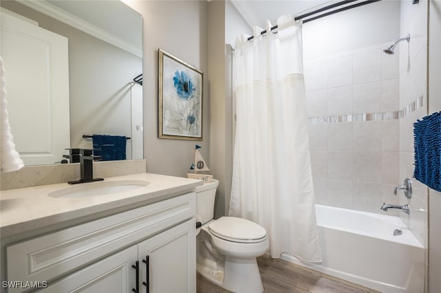 bathroom with toilet, ornamental molding, wood finished floors, shower / bathtub combination with curtain, and vanity