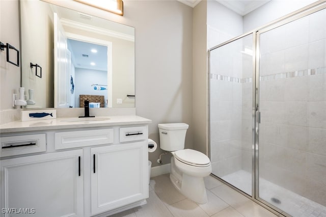 bathroom with toilet, ornamental molding, a stall shower, vanity, and tile patterned flooring