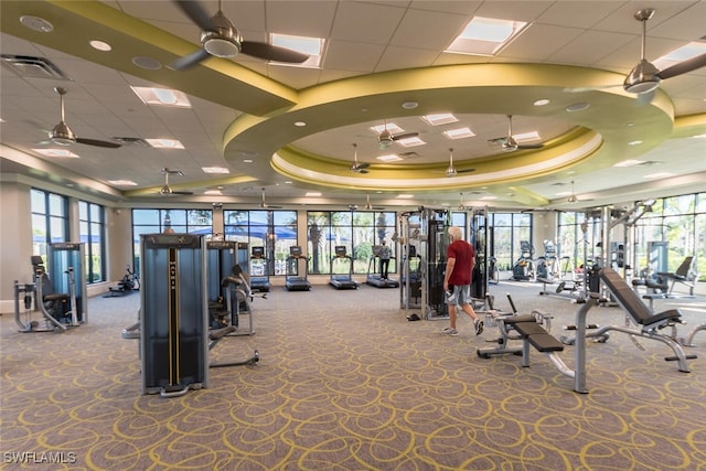 workout area with carpet flooring, a drop ceiling, and a raised ceiling