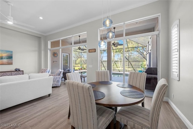 dining area with crown molding, light hardwood / wood-style flooring, and ceiling fan