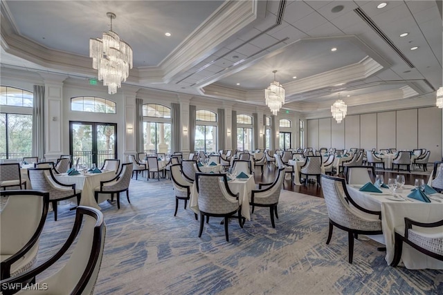 dining room with french doors, ornamental molding, and a wealth of natural light