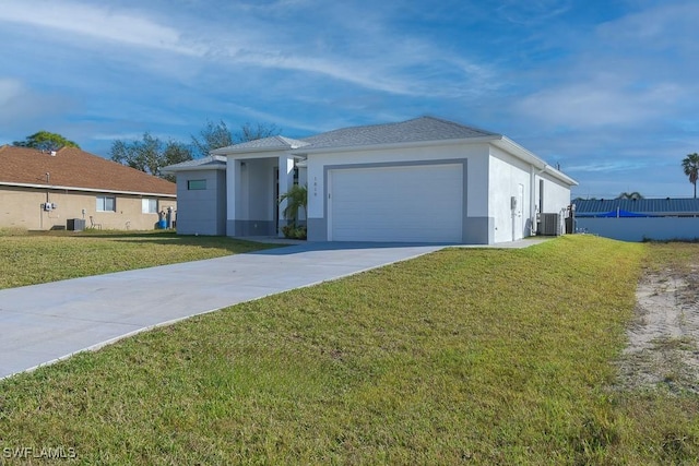 ranch-style house with a front yard, a garage, and central air condition unit