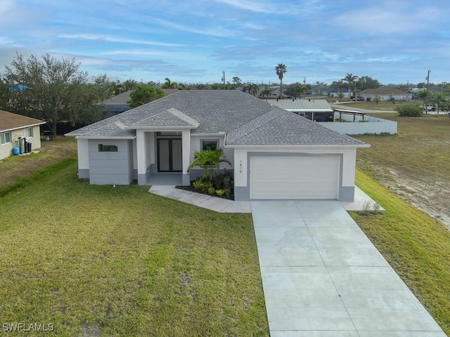 view of front of house featuring central AC, a front yard, and a garage