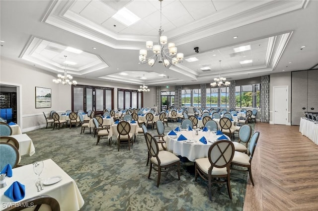 dining space featuring a raised ceiling, parquet flooring, and ornamental molding