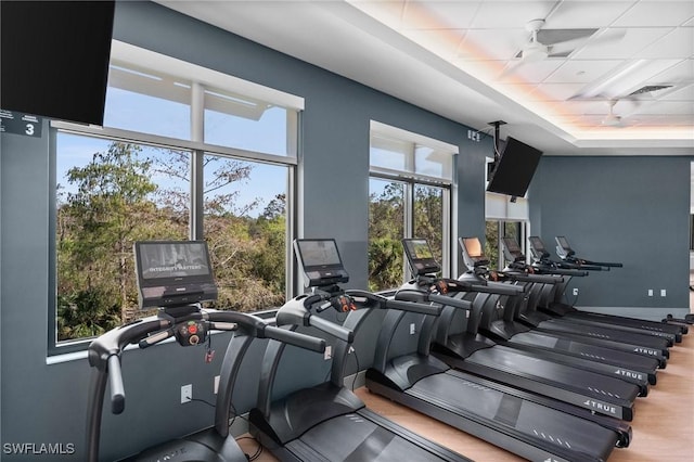 workout area with a paneled ceiling and ceiling fan