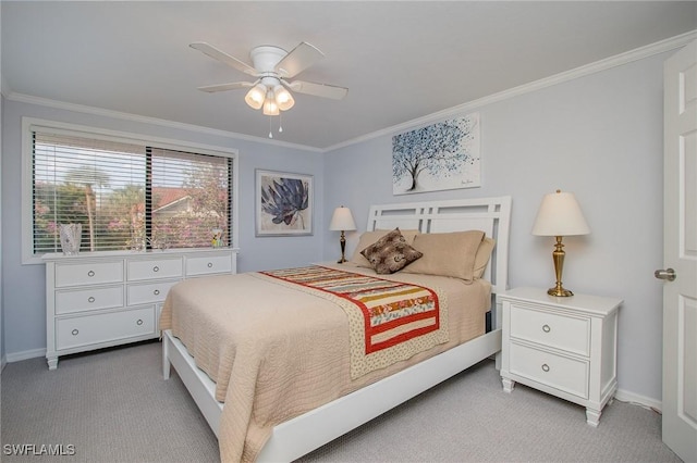 bedroom with light carpet, ceiling fan, and ornamental molding