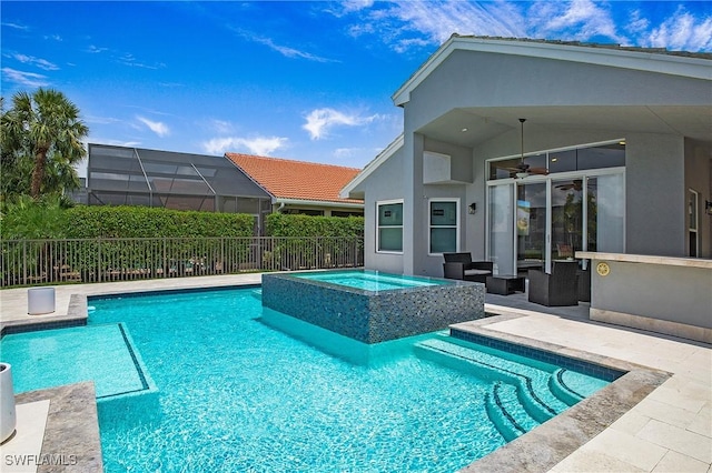 view of pool with a fenced in pool, a ceiling fan, glass enclosure, an in ground hot tub, and fence