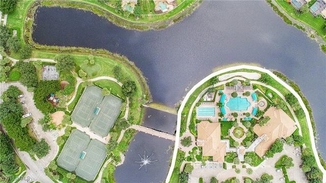 drone / aerial view with a water view