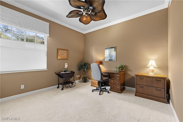 office with ceiling fan, light colored carpet, and ornamental molding