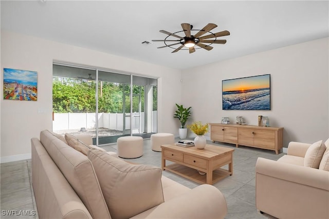 living room with ceiling fan