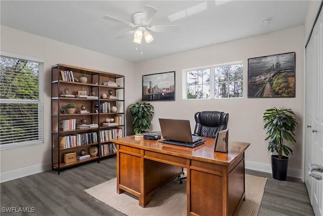 office area with dark hardwood / wood-style floors, a wealth of natural light, and ceiling fan