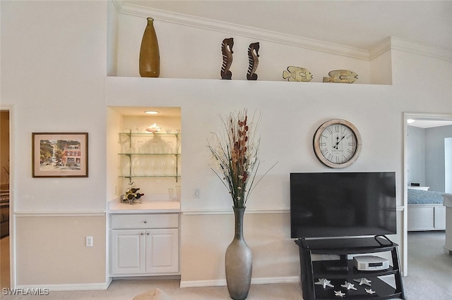 interior details with carpet floors and crown molding