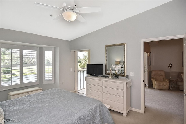 bedroom featuring ceiling fan, lofted ceiling, light carpet, and access to outside