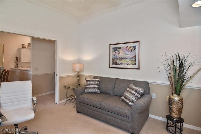 living room with light carpet and ornamental molding