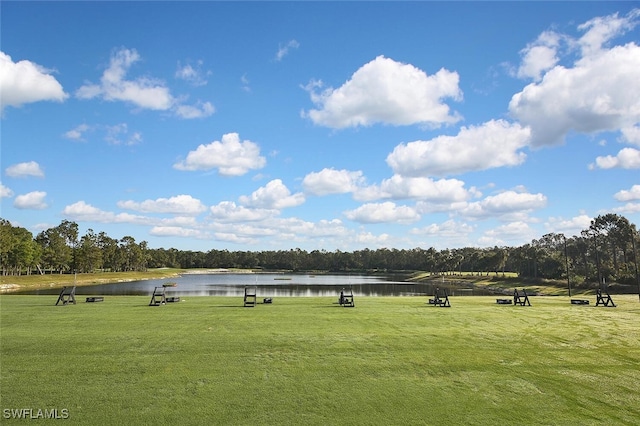 view of community featuring a water view and a lawn