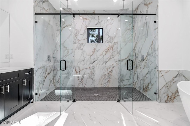 bathroom featuring vanity, separate shower and tub, and tile walls