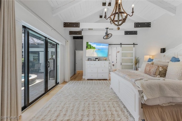 bedroom with access to outside, a barn door, beam ceiling, light hardwood / wood-style floors, and wood ceiling