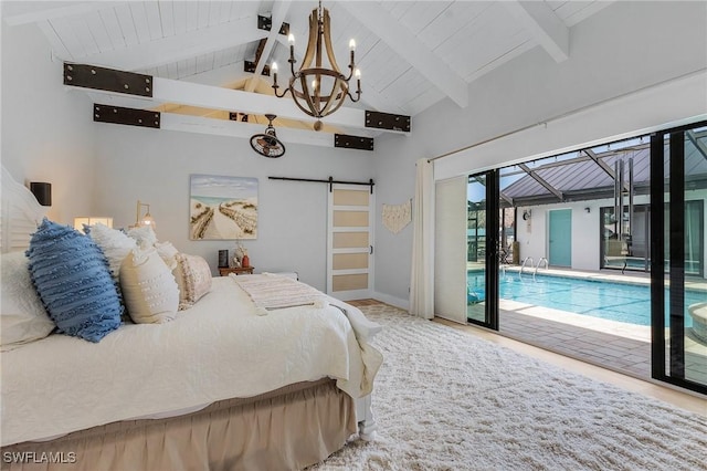 bedroom with a barn door, beamed ceiling, high vaulted ceiling, a notable chandelier, and access to outside