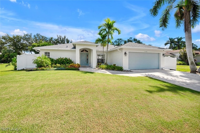 view of front of home featuring a front yard and a garage