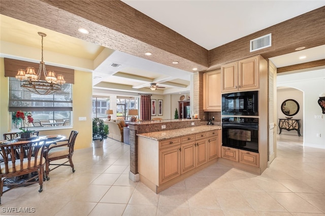 kitchen with black appliances, beam ceiling, kitchen peninsula, and light brown cabinets