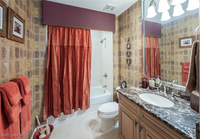 full bathroom with tile patterned flooring, vanity, shower / bath combination with curtain, and toilet