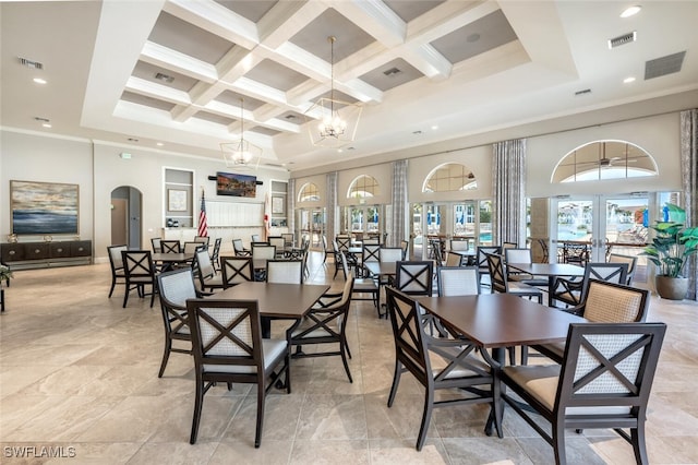 dining room with a high ceiling, an inviting chandelier, coffered ceiling, ornamental molding, and beamed ceiling