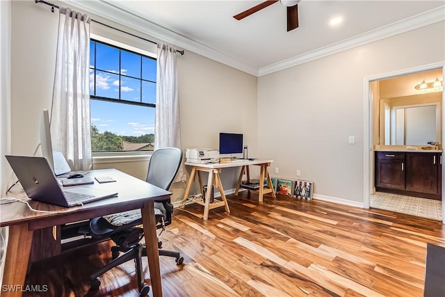 office featuring ceiling fan, light wood-type flooring, and ornamental molding