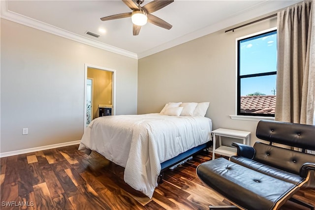 bedroom with ceiling fan, ensuite bathroom, dark hardwood / wood-style floors, and ornamental molding