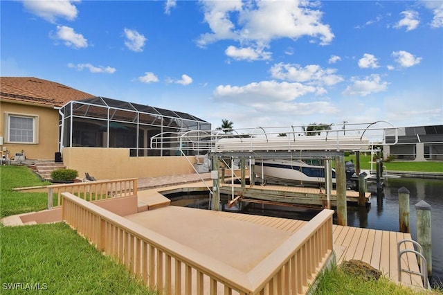 view of dock featuring a lanai and a water view