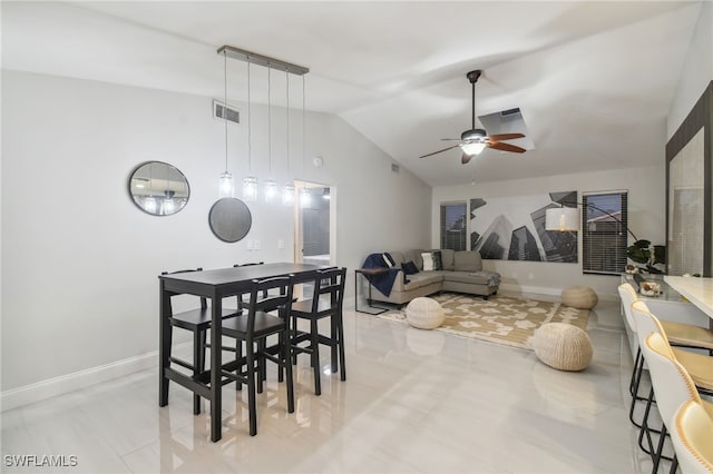 dining room featuring vaulted ceiling and ceiling fan