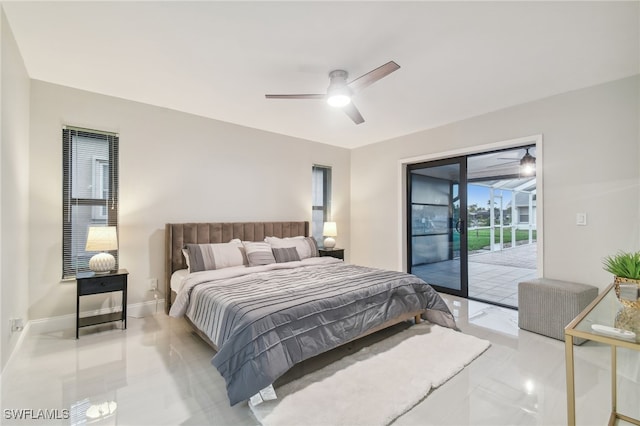 bedroom with access to exterior and ceiling fan