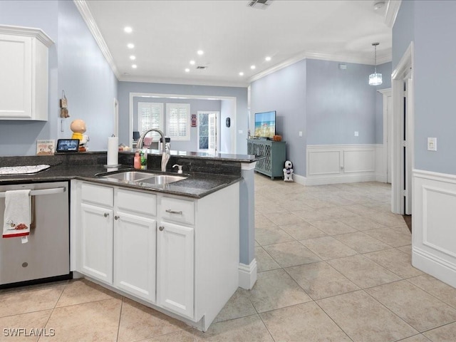 kitchen with dishwasher, sink, white cabinets, ornamental molding, and light tile patterned floors