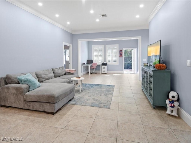 tiled living room featuring crown molding