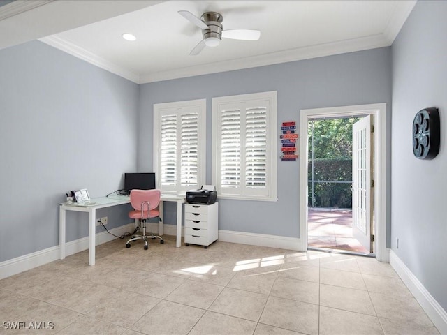 tiled office featuring ornamental molding and ceiling fan