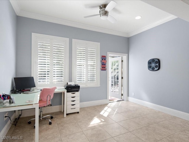 tiled home office with crown molding and ceiling fan