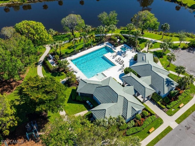 drone / aerial view with a water view