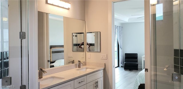 bathroom featuring a tray ceiling, hardwood / wood-style floors, vanity, and walk in shower