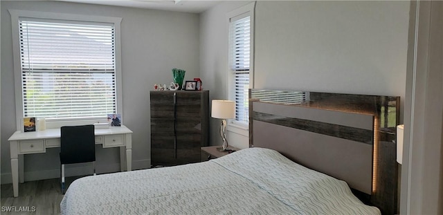 bedroom featuring multiple windows and dark hardwood / wood-style flooring