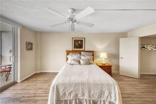 bedroom with a textured ceiling and ceiling fan