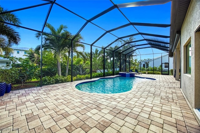 view of swimming pool with a lanai and a patio area