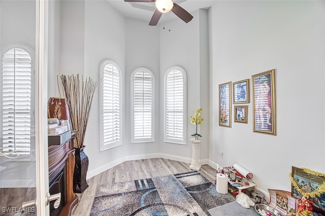 sitting room with ceiling fan, a high ceiling, and light hardwood / wood-style flooring