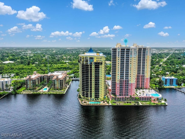 drone / aerial view with a water view