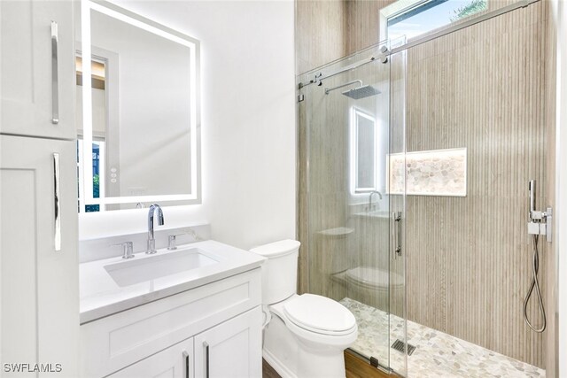 bathroom with vanity, an enclosed shower, and toilet