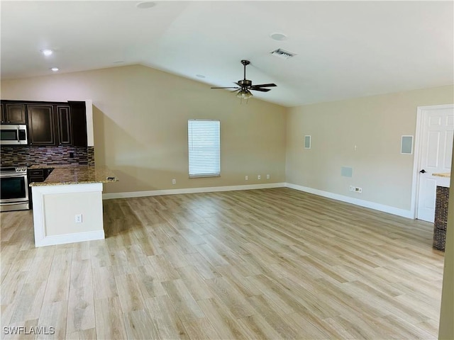 unfurnished living room with ceiling fan, light hardwood / wood-style floors, and lofted ceiling