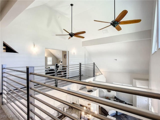309 Donora Blvd, Fort Myers Beach, FL 33931 - hall featuring high vaulted ceiling and an upstairs landing