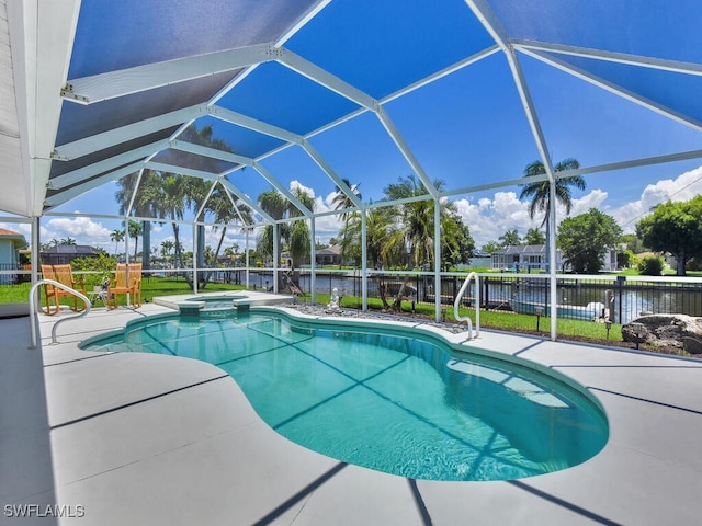 view of swimming pool with a lanai, a water view, and a patio