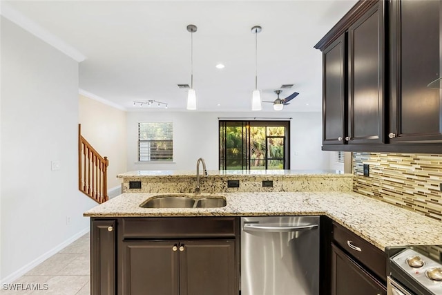 kitchen featuring backsplash, dark brown cabinets, a sink, stainless steel appliances, and light tile patterned flooring