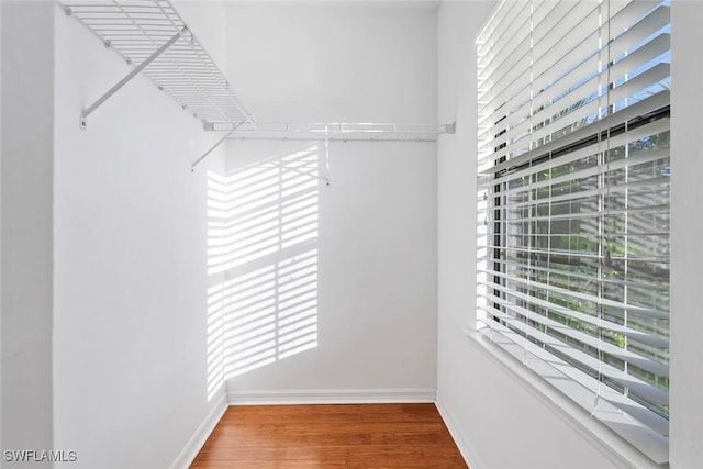 walk in closet with wood finished floors