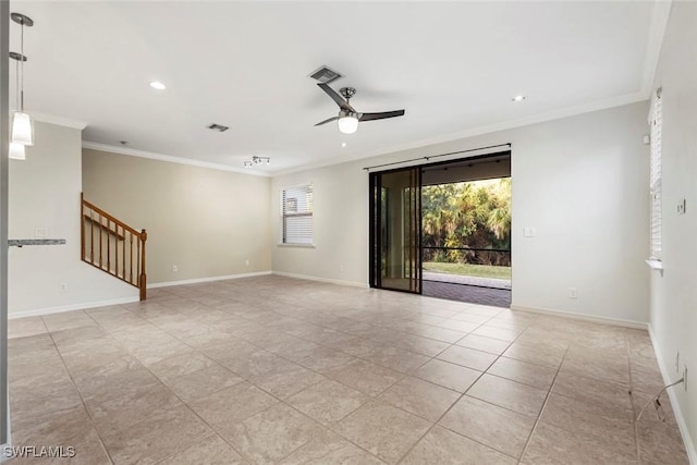 empty room with ceiling fan, stairs, recessed lighting, light tile patterned floors, and ornamental molding