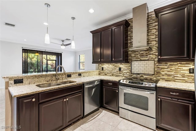 kitchen with decorative backsplash, a peninsula, stainless steel appliances, wall chimney range hood, and a sink